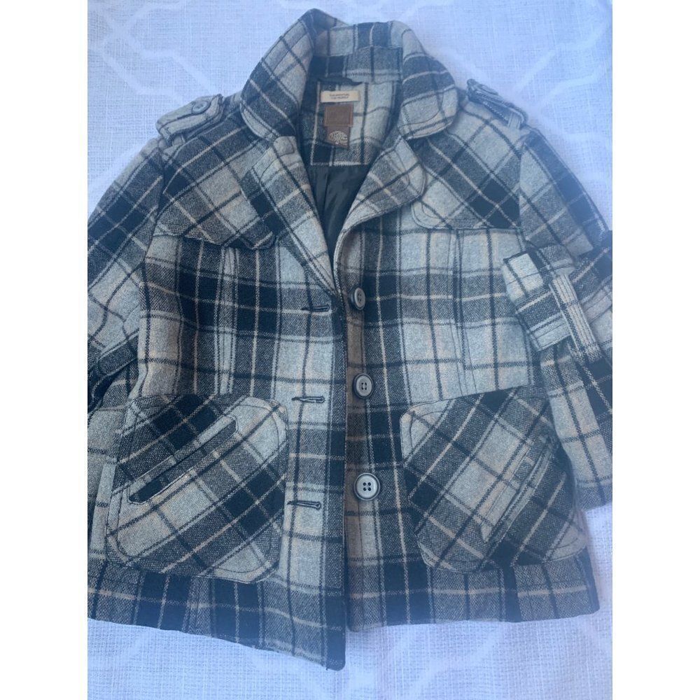 Ruff Hewn Stylish Wool Crop‎ Jacket Blazer Casual Button Down Gray Plaid